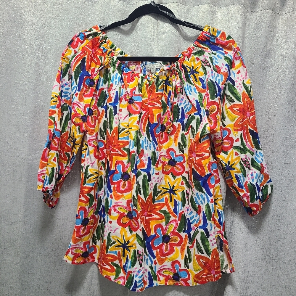 Linen Blend By Hester Orchard Multicolored Off The Shoulder Top Shirt Size Small